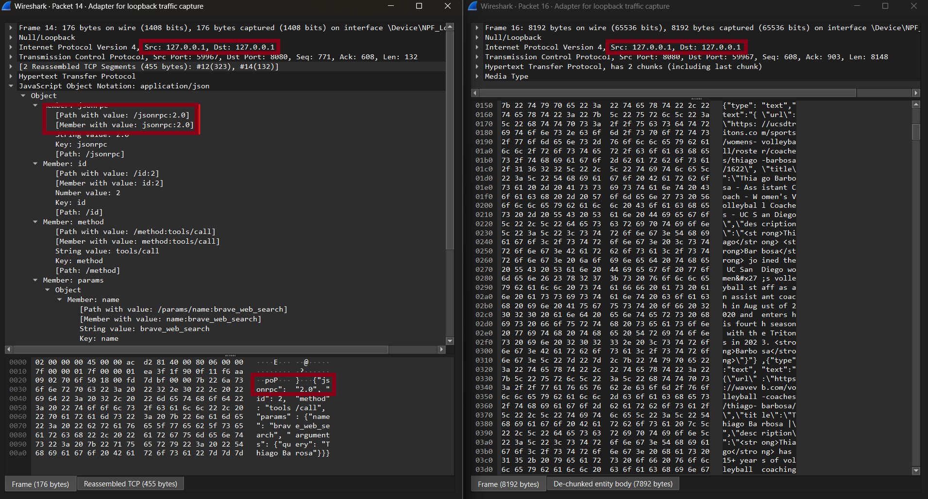 Wireshark capture showing JSON-RPC request to MCP (left) and corresponding response (right) over loopback.